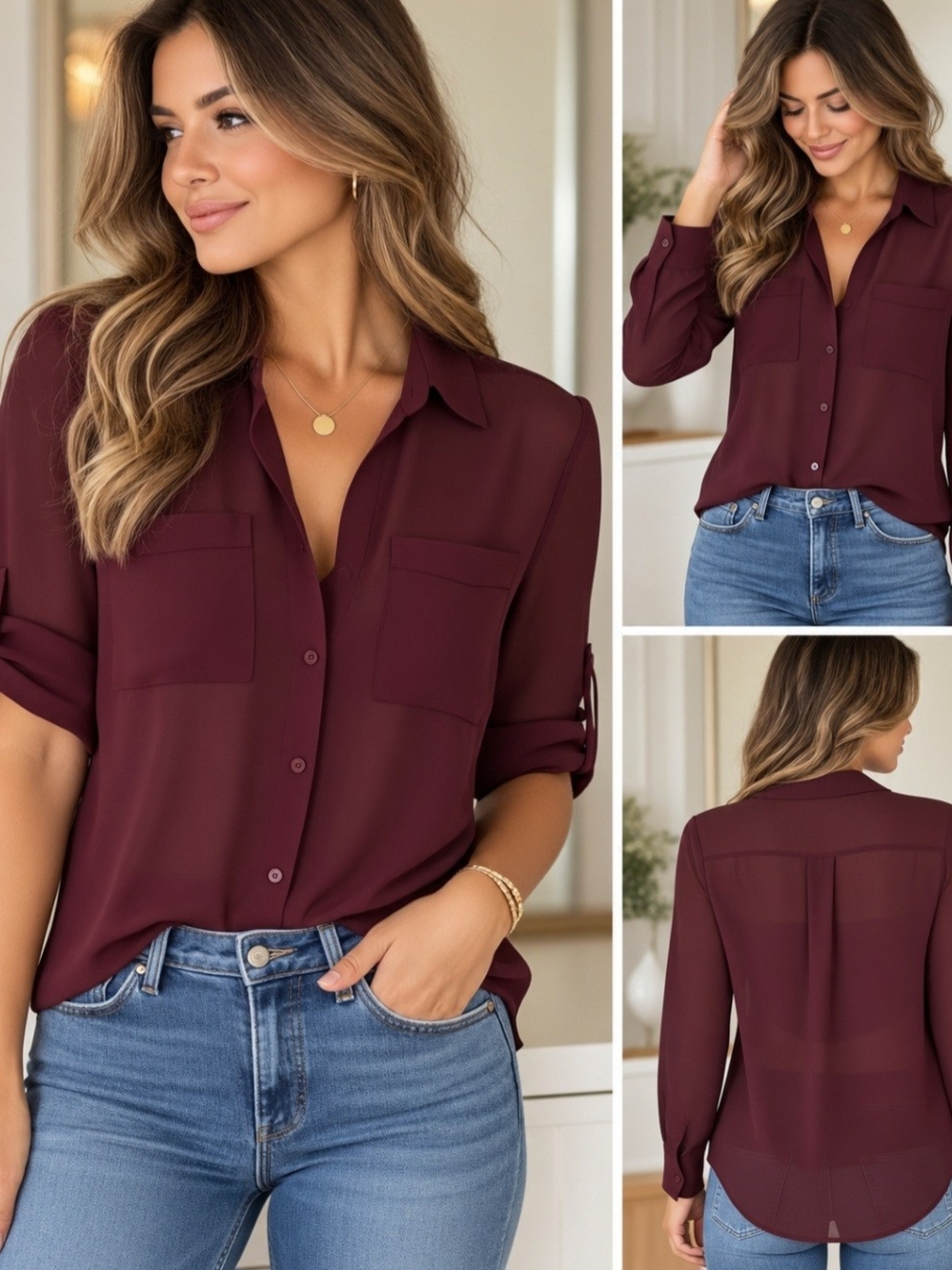 Express Burgundy Button-Down Shirt with Chest Pockets